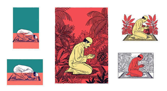 Vibrant digital artwork illustrating a person's contemplative prayer and profound spiritual journey amidst tropical flora, reflecting peace and devotion