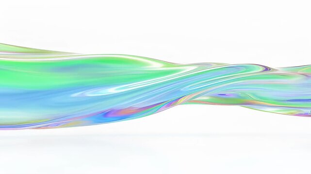 Iridescent liquid ribbon flowing across white background with soft pastel glossy texture serene abstract flowing motion iridescent fluid ribbon holographic wave glossy pastel gradient smooth surface