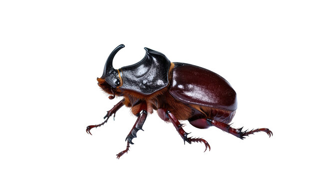 Magnificent male rhinoceros beetle showcasing its distinct horns and robust dark brown shell