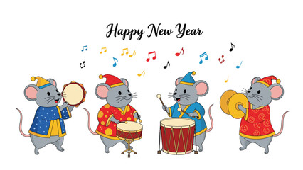 Naklejka premium Group of cute mice in festive hats and colorful clothes playing traditional drums and cymbals for Happy New Year celebration.