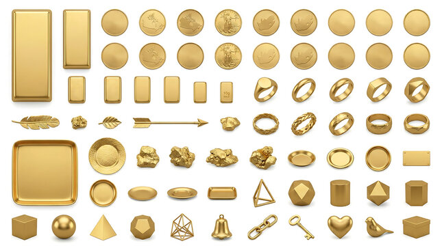 Collection of gold bullion bars, coins, rings, and nuggets on white background representing global wealth and investment