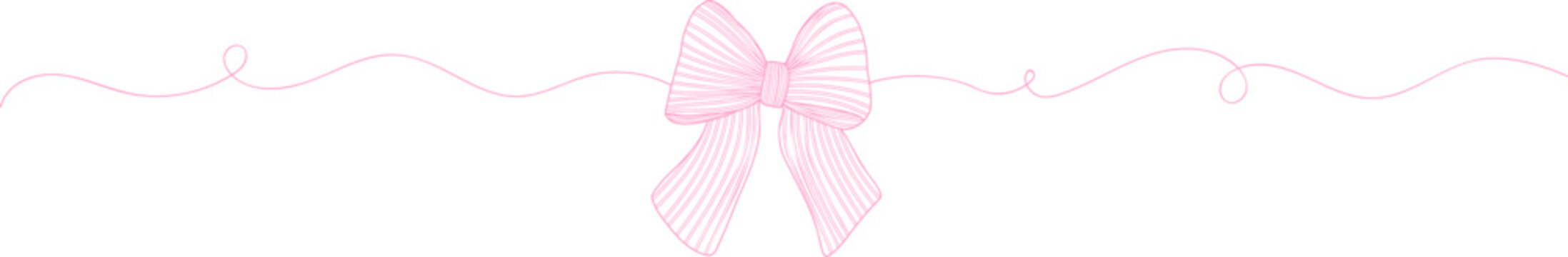 Elegant Hand Drawn Ribbon Bow Divider with Flowing Line in Soft Pink, Minimal Decorative Horizontal Border for Wedding Invitations, Greeting Cards, Branding and Romantic Design