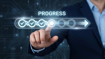 Obraz premium A professional businessman's hand thoughtfully interacting with a glowing digital progress bar, indicating steady advancement through several completed stages towards a future objective.