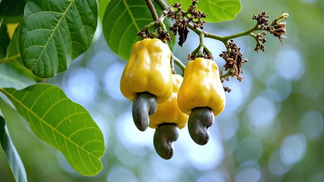 Yellow cashew apples with green nuts on a branch fruit