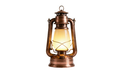 Vintage copper oil lantern with glowing light, old-fashioned camping lamp, antique rustic decoration © Trym