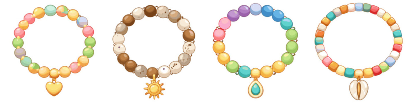 Collection of four colorful beaded bracelets with unique charms