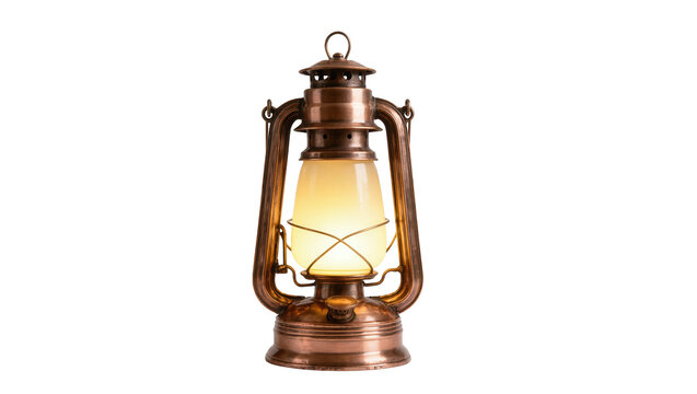 Vintage copper oil lantern with glowing light, old-fashioned camping lamp, antique rustic decoration