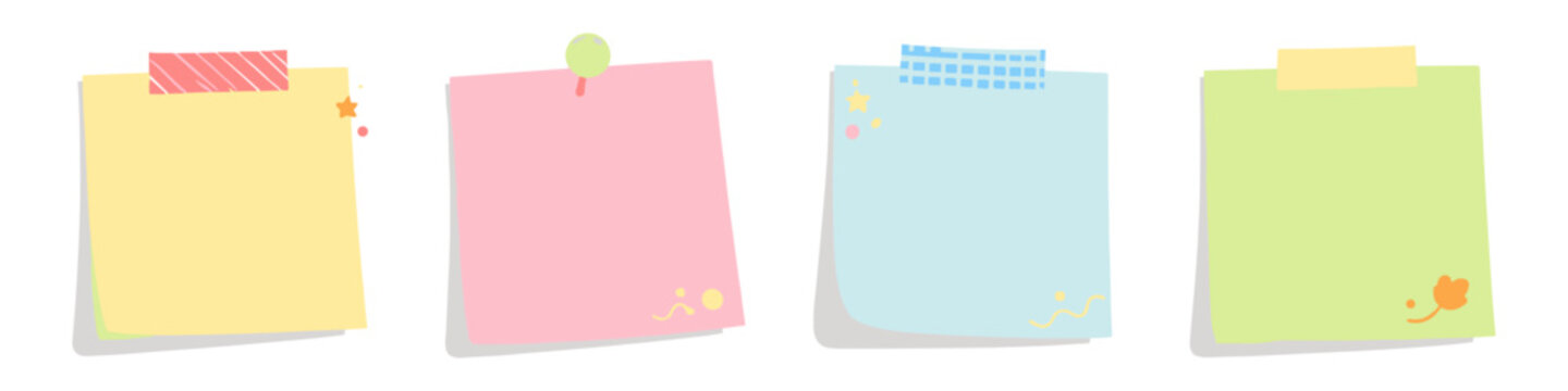 Collection of colorful sticky notes with decorative tape and pins