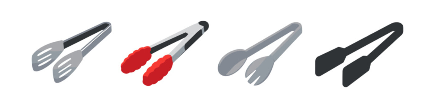 Collection of four different kitchen tongs in isometric view on white background