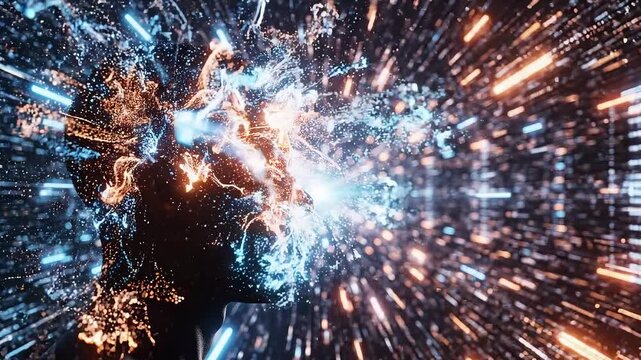 Abstract Human Head Silhouette With Bursting Digital Data Flowing Through Neural Network Tunnel