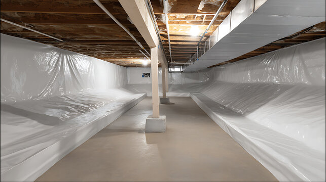 Clean crawl space with white vapor barrier plastic liner installation, exposed wooden beams, and concrete foundation support structure