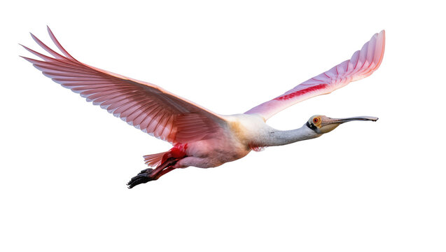 Graceful Roseate Spoonbill soaring mid-air, showcasing its vibrant pink plumage and unique bill
