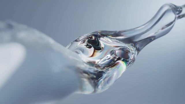Macro close-up shot of a clear liquid drop with a reflective surface and a gradient gray background.