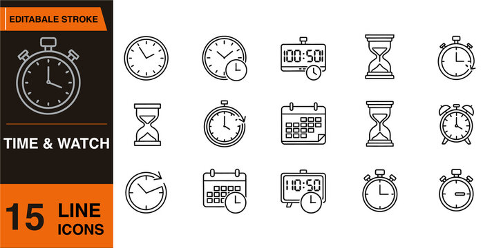 A collection of 15 line icons featuring various time and watch related symbols