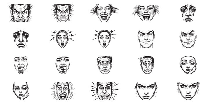 Set of expressive human faces showing different feelings and mood vector illustration