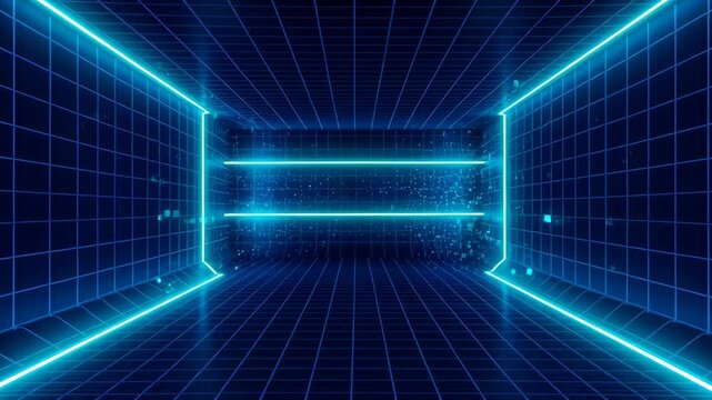 Neon grid room with glowing blue light lines and glowing blue lines, reflective floor and floating particle effects creating futuristic digital perspective, immersive cyber room with glowing blue