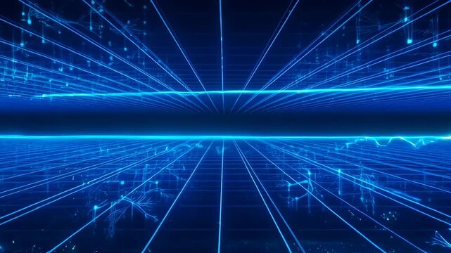 Futuristic digital grid tunnel glowing blue with neon lines and circuit patterns conveying speed and technology Futuristic neon blue grid corridor with glowing circuit lines and reflective floor