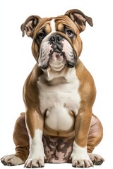 Fototapeta premium English Bulldog sits alert and looks straight ahead with cute wrinkles on its face in a simple setting