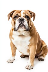 Fototapeta premium English Bulldog sits and looks ahead with alert eyes and a wrinkled face in a well-lit indoor space during daytime hours