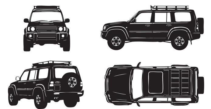 Four black silhouette views of a 4x4 S U V vehicle