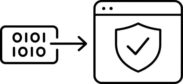 Data Security and Encryption Minimal Line Art Illustration. Secure Binary Data Transfer to Protected Browser Window with Shield and Checkmark. Minimalist Icon.