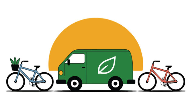 A green van with bicycles and a plant in eco-friendly transportation