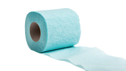 Obraz premium Light blue toilet paper roll unrolled with textured pattern, essential bathroom hygiene product.