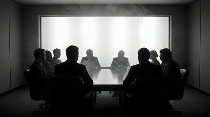 Obraz premium Silhouetted business meeting in a dimly lit conference room