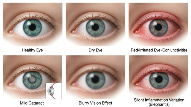 Medical illustration comparing healthy eye with conditions including conjunctivitis, mild cataract, blepharitis, and blurry vision symptoms.