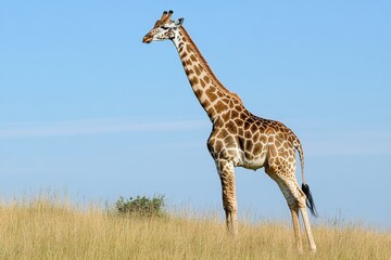 Fototapeta premium Giraffe standing upright alone in a grassy area under a clear blue sky during daylight
