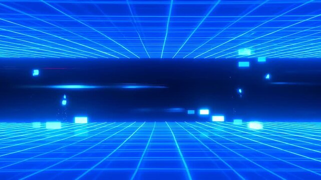 Neon blue grid tunnel with glowing pixels, futuristic light streaks and digital glow creating depth and dynamic energy neon blue grid tunnel with glowing horizon and floating light blocks neon blue