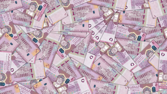Financial illustration. Seamless pattern. Randomly scattered 5 rial banknotes, Sultanate of Oman. Omani money. Textured background or wallpaper. Obverse and reverse. Denomination notes five rials