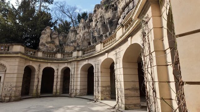 Prague, Czech Republic - March 11, 2026 - Havlicek Gardens. Grotta- Artificial Cave. Historic European garden with ornate statues and classical architecture