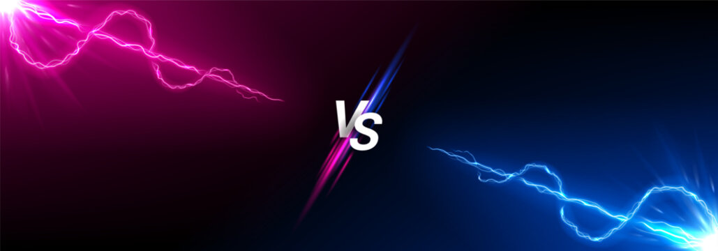 Versus banner with glowing thunderstorm effect. VS screen with glowing bright pink and blue lightning rays. Bolt energy collision isolated on dark background. Lightning shock versus concept.