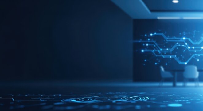 Hightech corporate technology banner background with blue lighting, shallow depth, blurred strategy room, empty space on left, no faces.