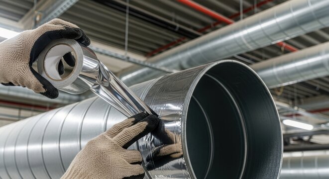 Worker sealing air duct with aluminium tape in industrial setting