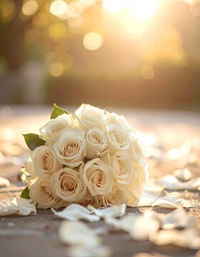 A bouquet of white roses rests on the ground with scattered petals.