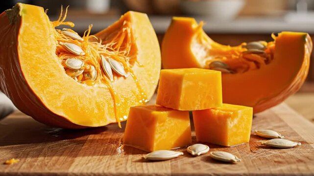 Freshly cut orange pumpkin pieces ready for cooking and preparing various seasonal dishes
