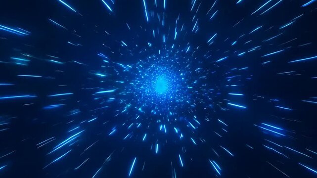 Blue energetic tunnel of light with radial streaks and glowing particles conveying motion and excitement neon blue grid tunnel with glowing wireframe walls and floor leading to dark octagonal portal
