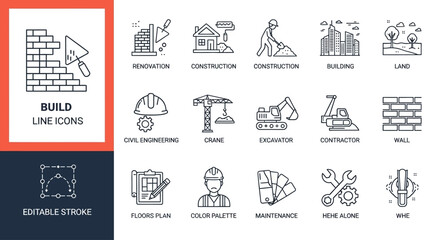 Obraz premium Minimalist outline vector icon collection depicting essential building, renovation, and construction elements, ideal for design projects requiring editable stroke illustrations