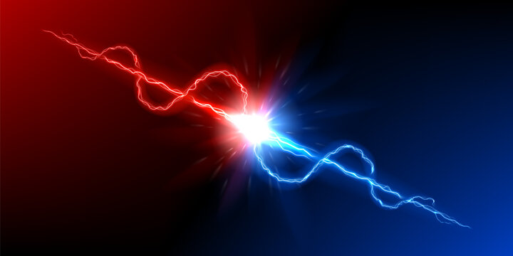 Dynamic red and blue lightning discharge. Powerful dual-energy concept with red and blue lightning bolts and bright energy explosion. Vector illustration. 