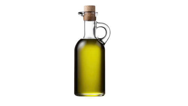 Glass bottle of premium extra virgin olive oil with cork stopper, healthy cooking ingredient