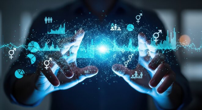 View of hands analyzing floating digital demographic data, blurred background, blue light, sociology tech, high resolution image shot.