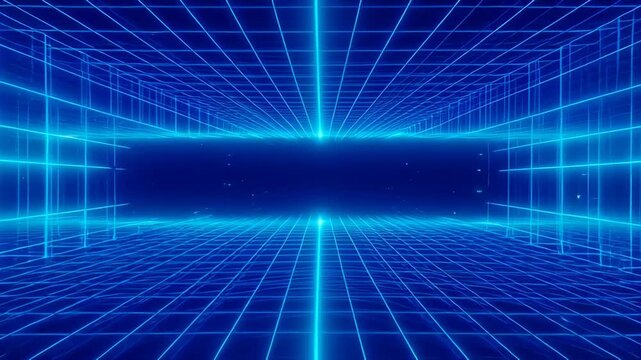 Neon grid tunnel with glowing blue lines and perspective vanishing point conveying futuristic atmosphere and digital motion futuristic blue grid tunnel with glowing horizon and neon reflection