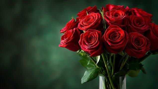 A romantic arrangement of vivid red roses, greenery, dramatic illumination, and detailed petals and leaves
