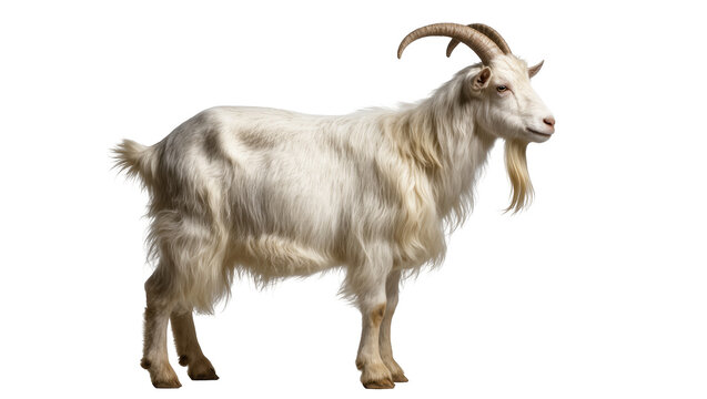 Majestic white male goat with long shaggy fur and impressive horns standing proudly