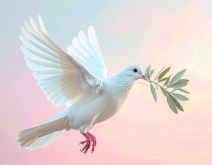 Fototapeta premium A white dove carries an olive branch in its beak against a soft, pastel sky.