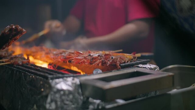 Street food asia shrimps grilled. Seafood satay delicious, travel and tourism.