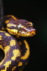 Fototapeta premium Madagascan ground boa in clear pose showing yellow and brown pattern of scales in natural setting