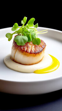 Pan seared scallop on creamy potato puree with yellow herb oil and fresh microgreen garnish on a white plate over black background.